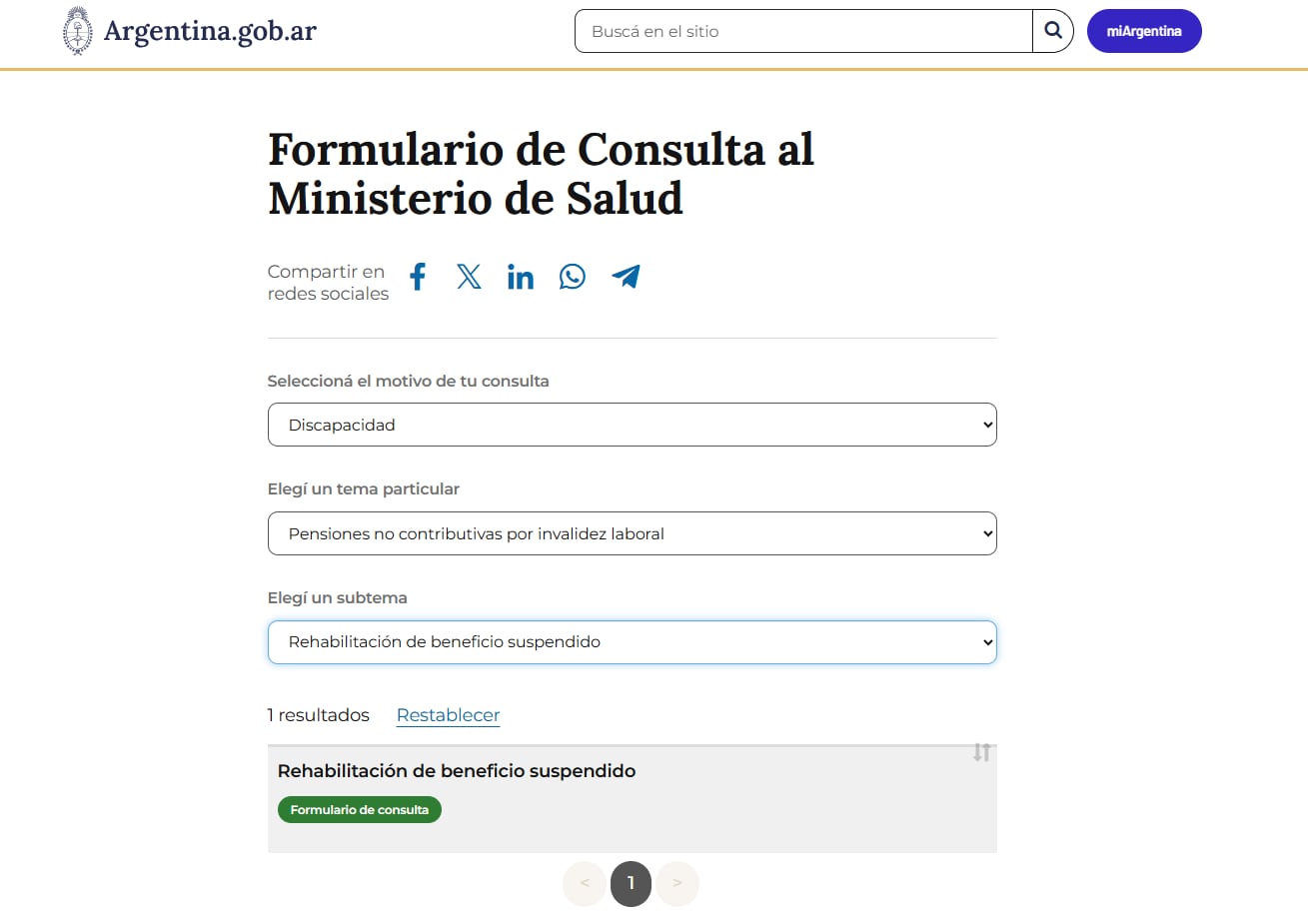 El portal oficial del Gobierno de Argentina presenta el formulario de consulta digital para la rehabilitación de pensiones no contributivas por invalidez laboral.