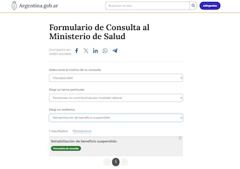 Captura de pantalla del sitio web oficial de Argentina con menús desplegables para consultas sobre pensiones no contributivas por invalidez