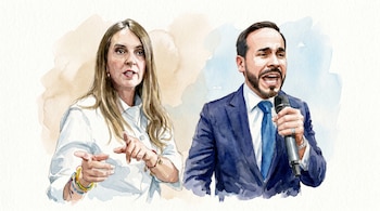 Ilustración en acuarela de Paloma Valencia, con cabello largo y camisa blanca, y Abelardo de la Espriella, con barba y traje azul, hablando en un micrófono.