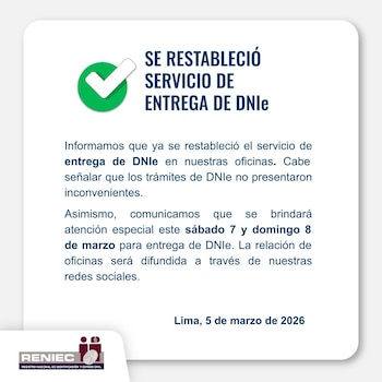 Reniec informa el restablecimiento del