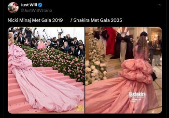 En redes sociales compararon el vestido de la colombiana con el usado por la rapera en la edición de 2019 - crédito @JustWillVzlano / X