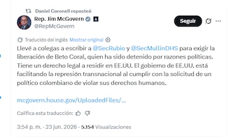 El representante Jim McGovern informó que exigió la liberación de Beto Coral - crédito @RepMcGovern/x