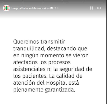 Captura de pantalla de una historia de Instagram del Hospital Italiano de Buenos Aires con un mensaje de tranquilidad sobre la atención médica
