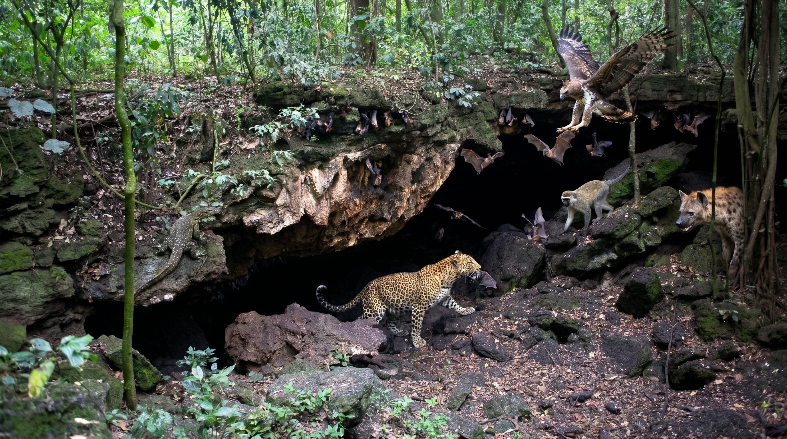 Leopardos africanos, hienas manchadas, monos azules y águilas coronadas interactúan regularmente en la Cueva de la Pitón y podrían facilitar la transmisión indirecta del virus de Marburgo (Imagen Ilustrativa Infobae)