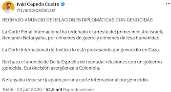 Iván Cepeda rechazó el restablecimiento de relaciones con Israel y acusó a Netanyahu de crímenes de guerra - crédito @IvanCepedaCast/X