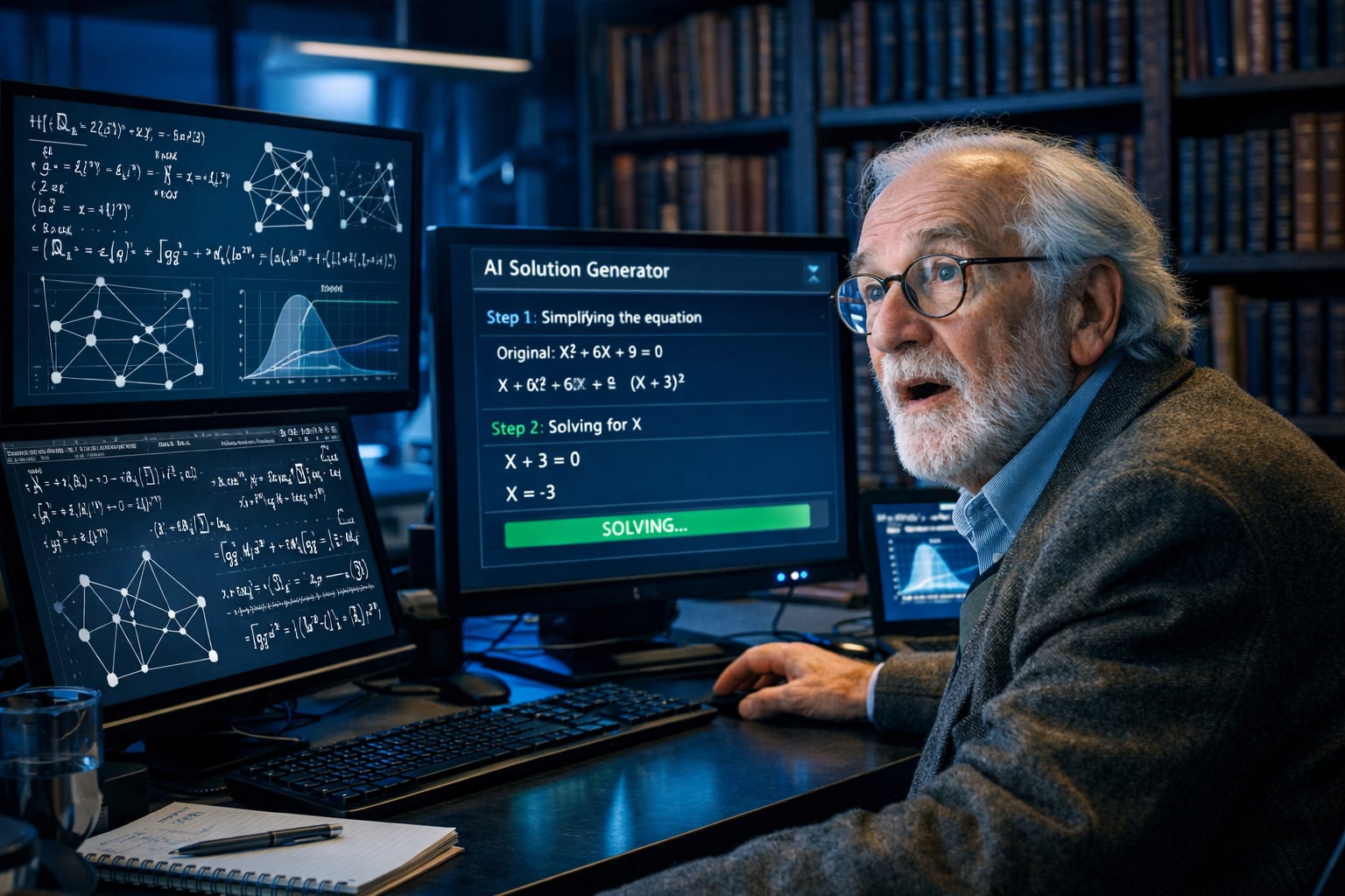 Un científico de una universidad de élite observa con asombro cómo una inteligencia artificial genera una solución matemática paso a paso en su laboratorio moderno. (Imagen Ilustrativa Infobae)