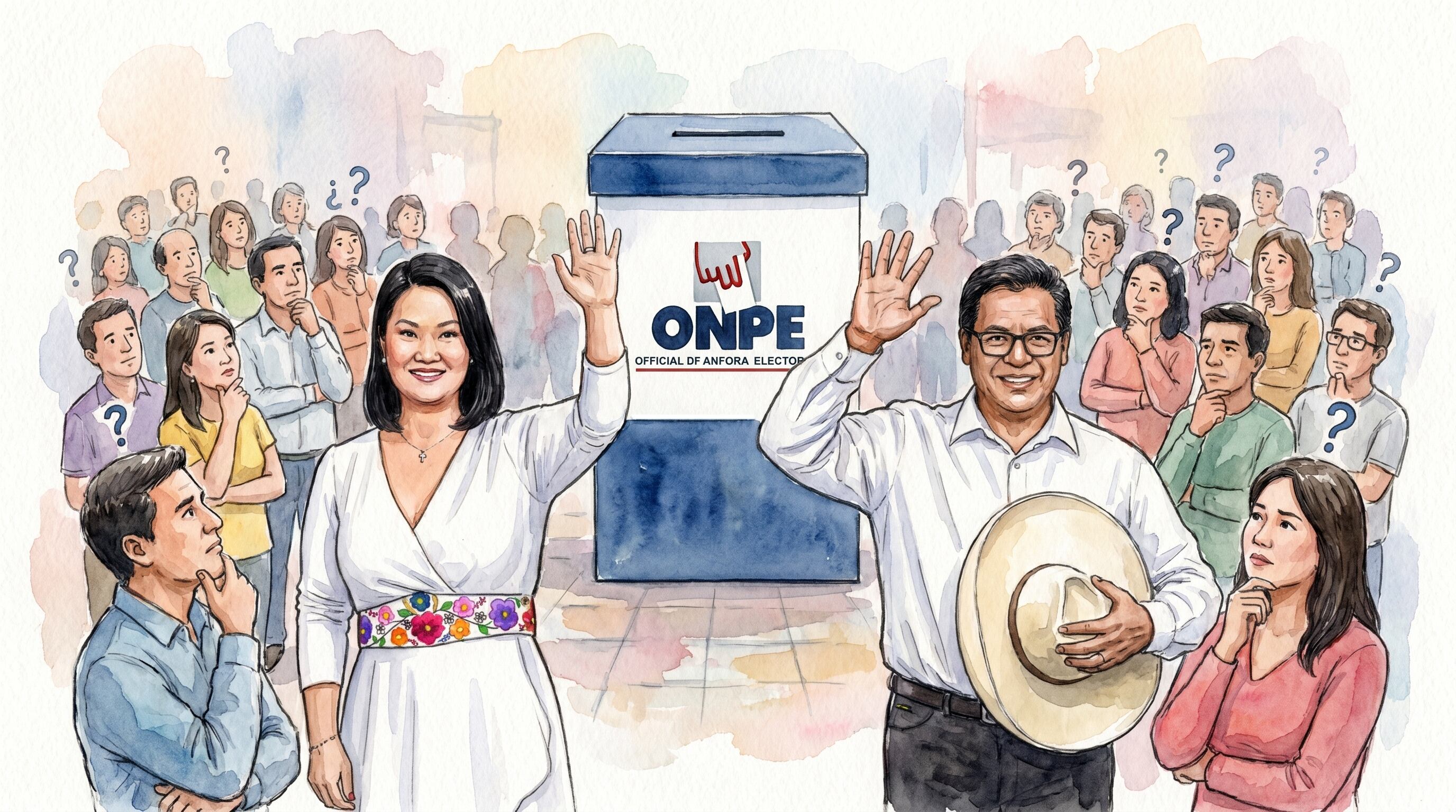 Ilustración en acuarela de dos candidatos presidenciales saludando frente a un ánfora de la ONPE, rodeados por decenas de votantes indecisos con signos de interrogación. (Imagen Ilustrativa Infobae)