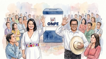 Ilustração em aquarela: Parabéns aos dois candidatos. Ânfora ONPE no meio. Ao seu redor, eleitores indecisos com pontos de interrogação.