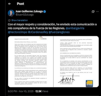 Juan Guillermo Zuluaga compartió la carta que escribió en redes sociales - crédito @JuanGZuluaga