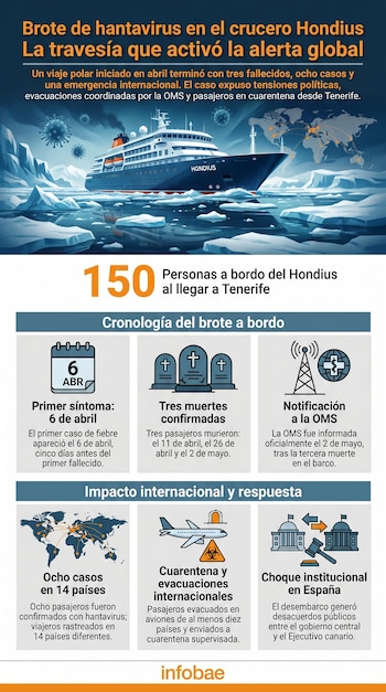 Infografía del brote de hantavirus en el crucero Hondius, mostrando el barco en un paisaje polar con virus, un mapa global, y cronología del brote e impacto.