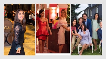 Collage vertical de tres imágenes: Salma Hayek en vestido negro, dos mujeres en vestidos en interior rosa, y un grupo de siete personas al aire libre.