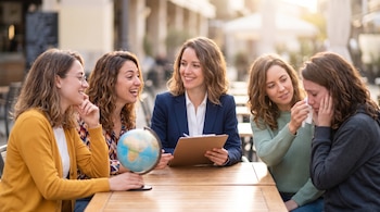 Cinco mujeres sentadas junto a una mesa de madera exterior sostienen un globo terráqueo, una carpeta con hojas y un pañuelo de papel.