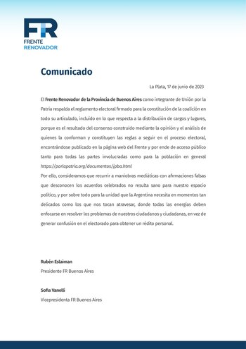 El comunicado del Frente Renovador