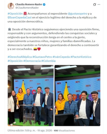 La representante a la Cámara Claudia Romero aseguró que el Pacto Histórico continuará ejerciendo oposición al Gobierno - crédito @ClauRomeroNader/X