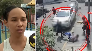 Imagen dividida. A la izquierda, una mujer habla a un micrófono. A la derecha, imágenes borrosas de CCTV muestran una agresión en la calle