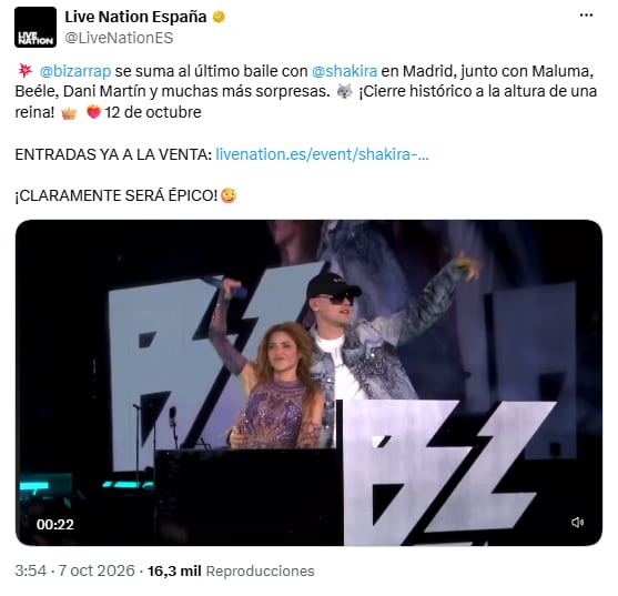 Shakira anunció a dos colombianos entre la nómina de invitados para el concierto final en Madrid - crédito @LiveNationES/X