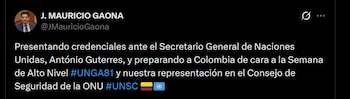 La entrega de credenciales formalizó el inicio de la misión diplomática de Mauricio Gaona en la sede de Naciones Unidas - crédito @JMauricioGaona / X