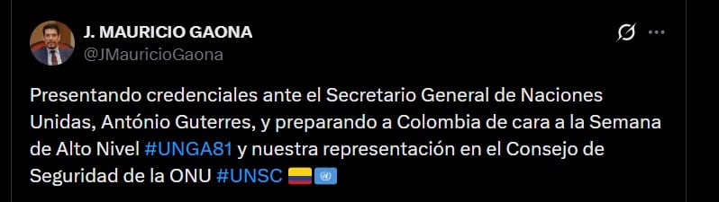 La entrega de credenciales formalizó el inicio de la misión diplomática de Mauricio Gaona en la sede de Naciones Unidas - crédito @JMauricioGaona / X
