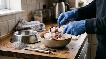 Manos con guantes azules usan cucharas para separar trozos de carne congelada sobre un tazón, junto a un plato de metal sobre una mesa de madera.