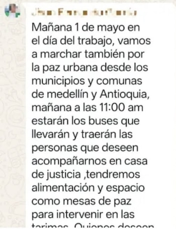 El mensaje difundido en grupos de WhatsApp promueve el respaldo a la consigna de la paz urbana, reforzando el alcance en municipios antioqueños - crédito @BLUAntioquia/X