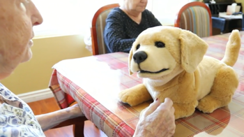 Una mujer mayor acaricia un perro robot de color crema, similar a un Labrador Retriever, sobre una mesa con un mantel a cuadros. Otra mujer se sienta al fondo