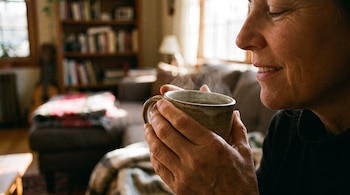 Primer plano de persona sosteniendo taza con infusión caliente de la que sube vapor, con estantería, ventana y sofá borrosos de fondo.