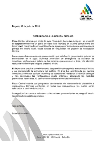 Plaza Central indicó que una fuga de agua en una zona privada del cuarto nivel habría causado la filtración que debilitó el material - crédito Instagarm