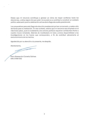 Carta de renuncia de Piero Corvetto.