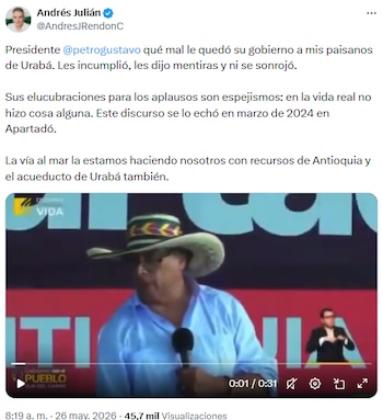 Andrés Julián Rendón acusó falta de obras en Urabá por parte del Gobierno Petro - crédito @AndresJRendonC/X