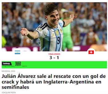 Titular de noticia sobre deporte, fútbol y Copa Mundial. Texto: Argentina 3 Suiza 1. Jugadores Messi, Álvarez, Martínez. Semifinal contra Inglaterra