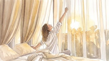 Una mujer se sienta en una cama, estirando los brazos hacia arriba, frente a una ventana grande con cortinas claras que deja pasar la luz del sol.
