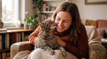 Una mujer sonriente sentada en un sillón sostiene a un gato atigrado que le lame la mejilla en una habitación con estanterías.