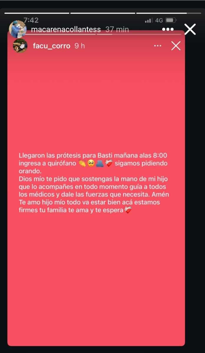 El mensaje que compartió la madre de Bastián (captura Instagram)
