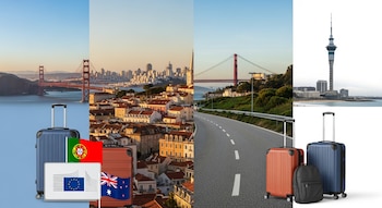 San Francisco, Lisboa, Auckland. Golden Gate, puente 25 de Abril, Sky Tower. Equipaje, banderas de Portugal y Nueva Zelanda, logo Unión Europea.