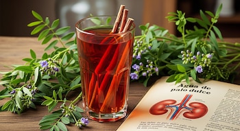 Vaso con líquido rojizo y varas, rodeado de ramas con hojas verdes y flores moradas. Un libro abierto con el título "Agua de palo dulce" y una ilustración de riñones.