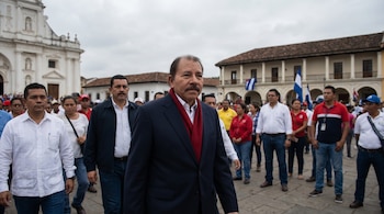 Fotografía de Daniel Ortega en el centro, vistiendo un traje oscuro y bufanda roja, rodeado de personas en una plaza colonial bajo un cielo nublado.