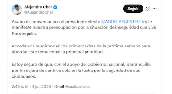 El alcalde Alejandro Char informó que conversó con el presidente electo Abelardo de la Espriella - crédito @AlejandroChar/X