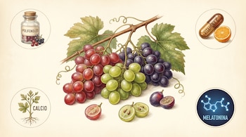 Ilustración botánica detallada de un racimo de uvas rojas, verdes y negras, con hojas, zarcillos y uvas cortadas. Círculos adicionales muestran polifenoles, vitamina C, calcio y melatonina.