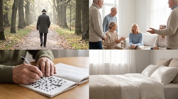 Collage de cuatro imágenes: persona mayor caminando en parque, grupo de personas conversando, manos resolviendo crucigrama, cama ordenada con luz suave.