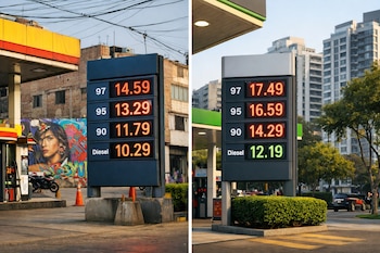 Dos paneles de precios de combustible con gasolina 97, 95, 90 y diésel en dos estaciones de servicio, una con mural y cables, y otra con edificios modernos y árboles.