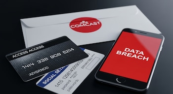 Una tarjeta de acceso digital, un documento de Seguro Social y un smartphone con pantalla roja "DATA BREACH" junto a un sobre de Comcast sobre una mesa oscura.