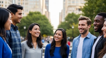 Un grupo diverso de seis jóvenes adultos (asiáticos, latinos, afroamericanos, caucásicos) sonríe y conversa al aire libre en una ciudad estadounidense.