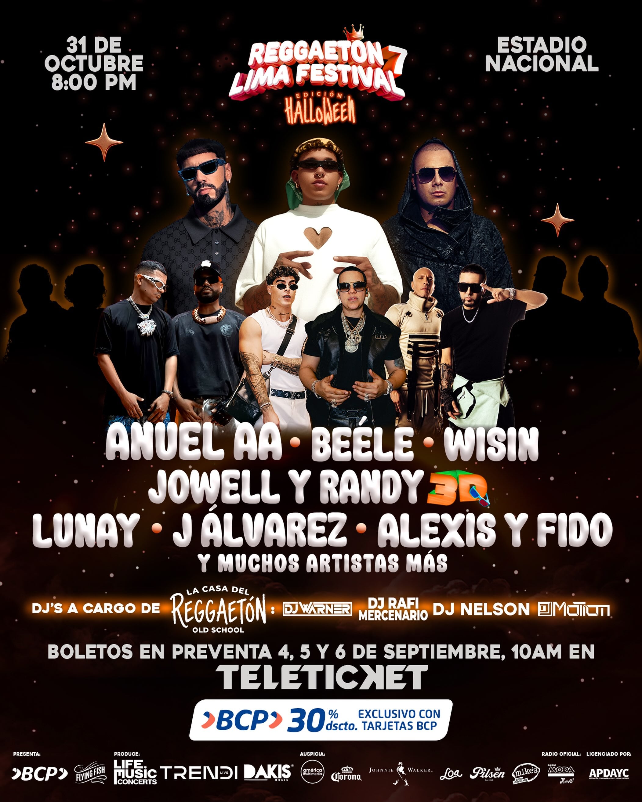 Un afiche promocional anuncia la séptima edición del Reggaeton Lima Festival, programada para el 31 de octubre en el Estadio Nacional con artistas como Anuel AA y Wisin.