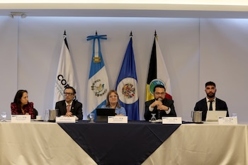 Cinco personas sentadas en una mesa con manteles, incluyendo tres hombres y dos mujeres. Hay identificadores nominales, laptops, vasos y jarras. Banderas de Guatemala y de la OEA al fondo