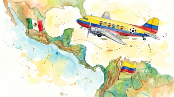 Mapa en acuarela de Colombia a México, con banderas y un avión de colores colombianos. El avión vuela de Bogotá a Guadalajara llevando aficionados al fútbol.