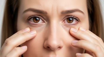 Primer plano de una mujer con ojos marrones y enrojecidos. Sus dedos tocan la piel bajo sus párpados inferiores.