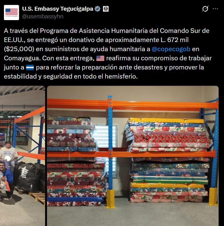 La Embajada de Estados Unidos en Tegucigalpa vinculó la entrega de suministros con la cooperación bilateral frente a desastres.