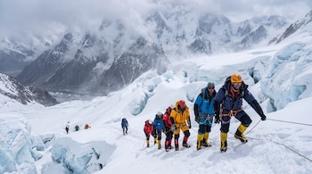 Grupo de alpinistas con ropa técnica, cascos y cuerdas camina sobre nieve y hielo entre glaciares, con montañas cubiertas de nubes al fondo.