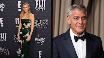 Imagen dividida con Sara Foster vestida de verde a la izquierda y George Clooney con esmoquin y pajarita a la derecha.
