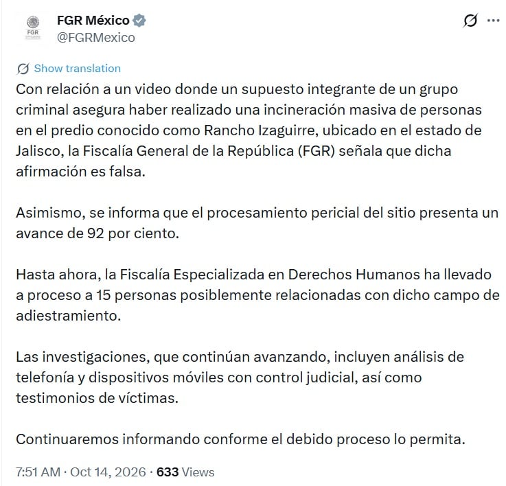 La FGR aseguró que la declaración era falsa. (X @FGRMexico)